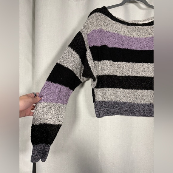 Free People Black Grey Purple Candyland Striped Crop Knit Sweater Size Small - Picture 5 of 8